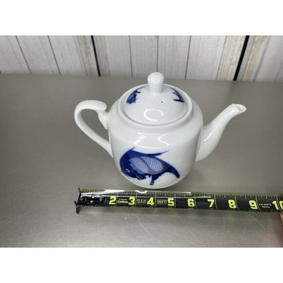 Vintage Misty Rose Koi Fish Teapot Super White China Cobalt Blue - Picture 7 of 7